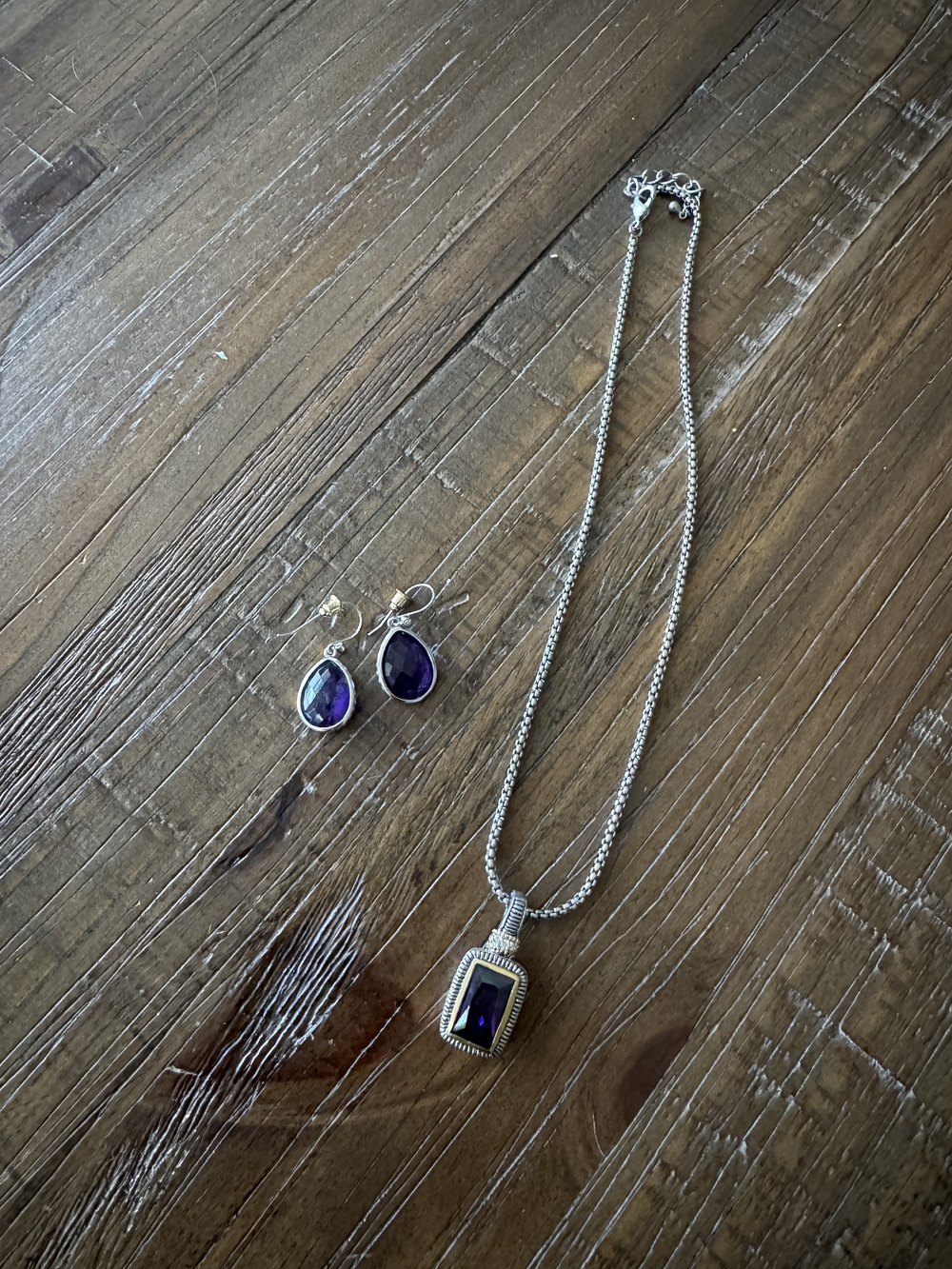 Silver Purple Stone Necklace and Earrings Set